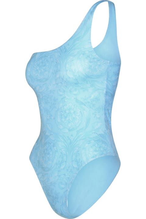 Swimwear for Women Versace Asymmetric 'barocco' One-piece Swimsuit In Light Blue Polyester Blend