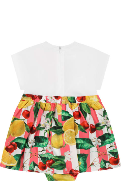 Fashion for Baby Girls Dolce & Gabbana White Dress For Baby Girl With All-over Multicolor Fruits And Flowers