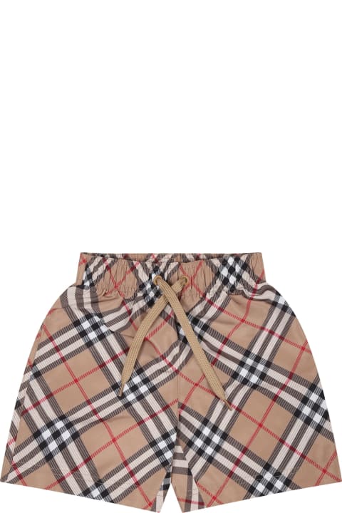 Beige Swimsuit For Baby Boy With Vintage Check