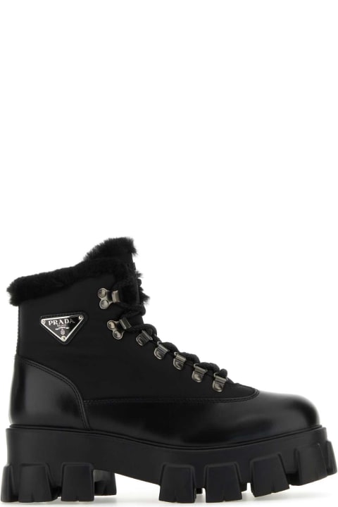 Boots for Women Prada Black Leather And Nylon Monolith Ankle Boots