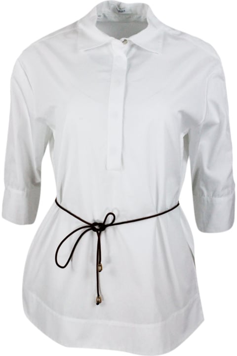 Three-quarter Sleeve Tuck-in Stretch Cotton Shirt With Slits On The Sides With Button Opening On The Neckline