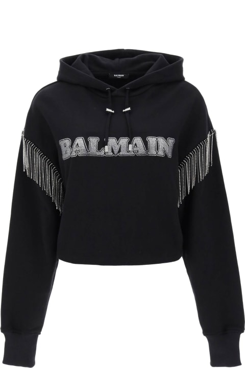 Balmain Clothing for Women Balmain Cropped Hoodie With Rhinestone-studded Logo And Crystal Cupchains