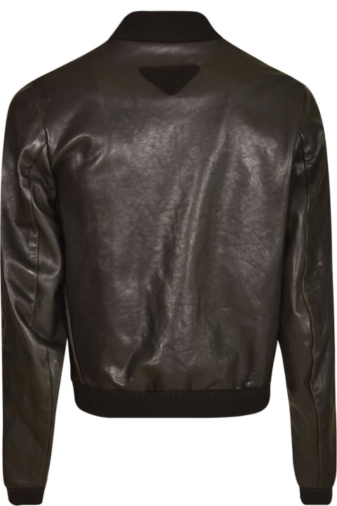 Prada Coats & Jackets for Women Prada Logo Patch Rib Trim Zipped Leather Jacket
