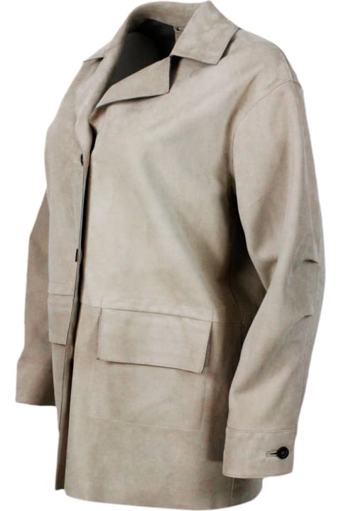 ウィメンズ Maloのウェア Malo Relaxed Fit Soft Suede Jacket With Patch Pockets And Three-button Closure.