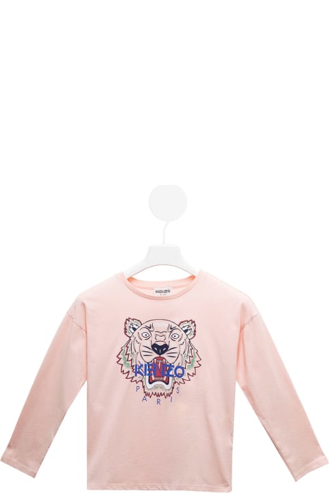 Pink Cotton Long-sleeved  T-shirt With Logo Kenzo Kids Girl