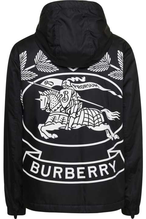 'stanford Ekd' Black Hooded Jacket With Equestrian Knight Print In Nylon Man Burberry