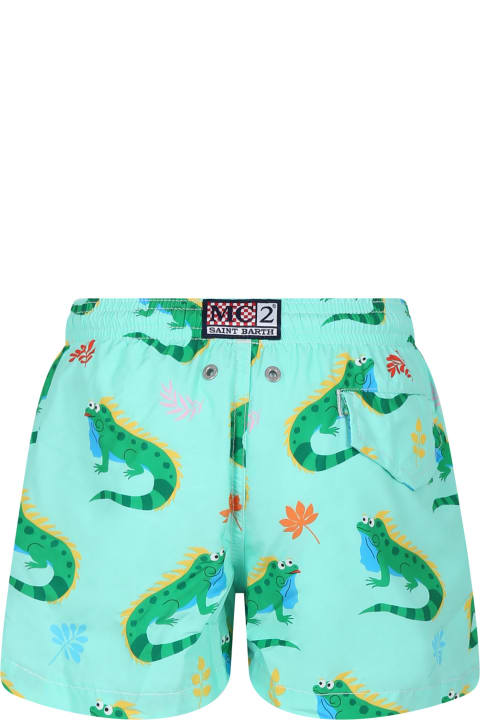 Fashion for Boys MC2 Saint Barth Green Swimshorts For Boy With Iguana Print And Logo