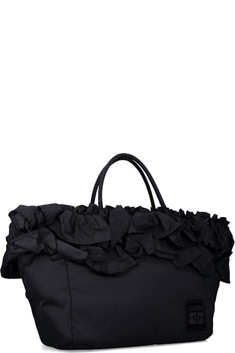 Homeware Ganni Ganni Black Nylon Ruffled Xxl Shopper Bag