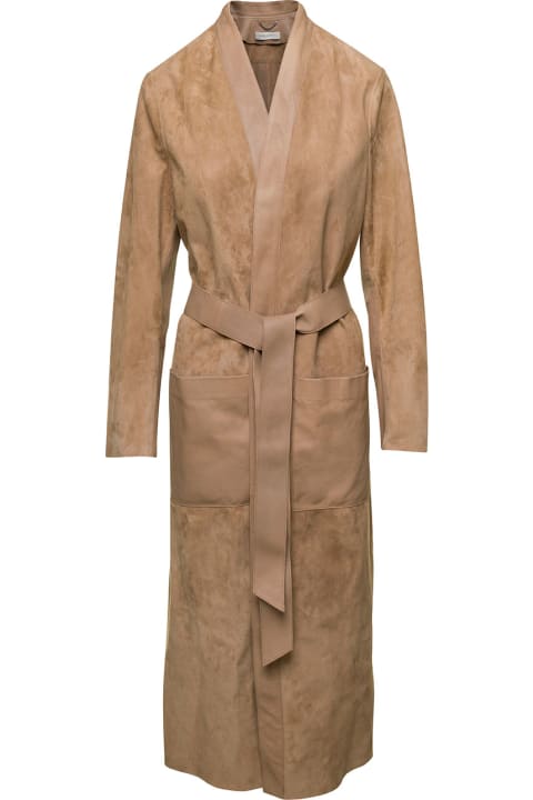 Brown Belted Trench Coat In Suede Woman
