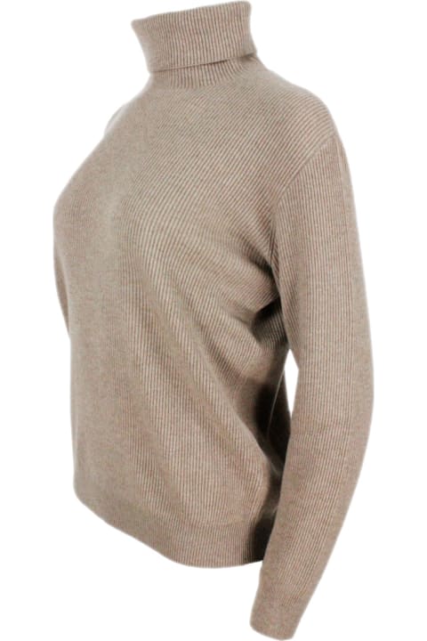 Brunello Cucinelli for Women Brunello Cucinelli High Neck Sweater In Soft And Pure Cashmere Half English Rib With Monili Detail On The Neck In The Back