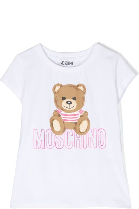 White Crewneck T-shirt With Baby Bear Logo Print In Stretch Cotton Girl Moschino Kids
