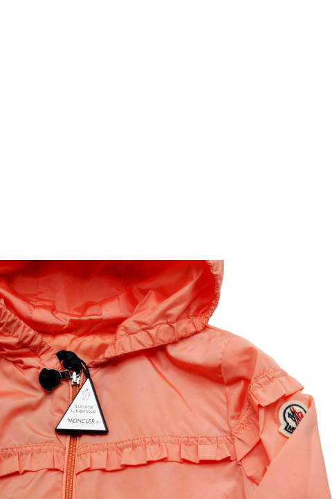 Sale for Baby Girls Moncler Hiti Jacket In Light Nylon With Hood, Embellished With Ruffles And Zip Closure.