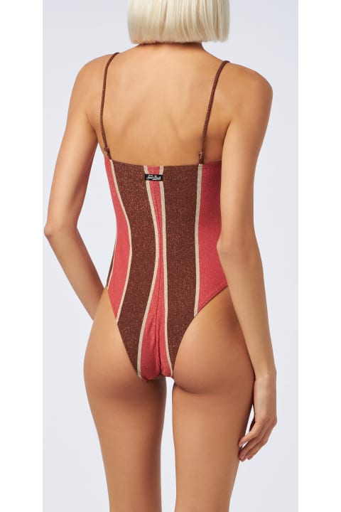 Homeware MC2 Saint Barth Brown And Pink Striped Lurex One-piece Swimsuit Blume
