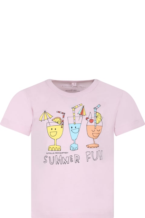 Topwear for Girls Stella McCartney Kids Pink T-shirt For Girl With Cocktail Print And Writing