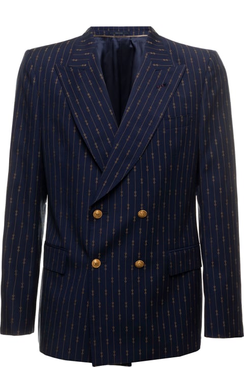 Gucci Coats & Jackets for Men Gucci Gucci Man's Blue Printed Wool Double-breasted Blazer