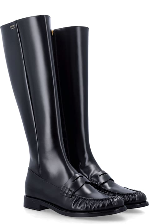Prada Polished Leather Penny Knee-high Boots