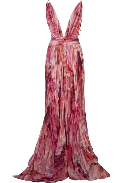 Roberto Cavalli for Women Roberto Cavalli Long Silk Dress With Pink Plumage Print