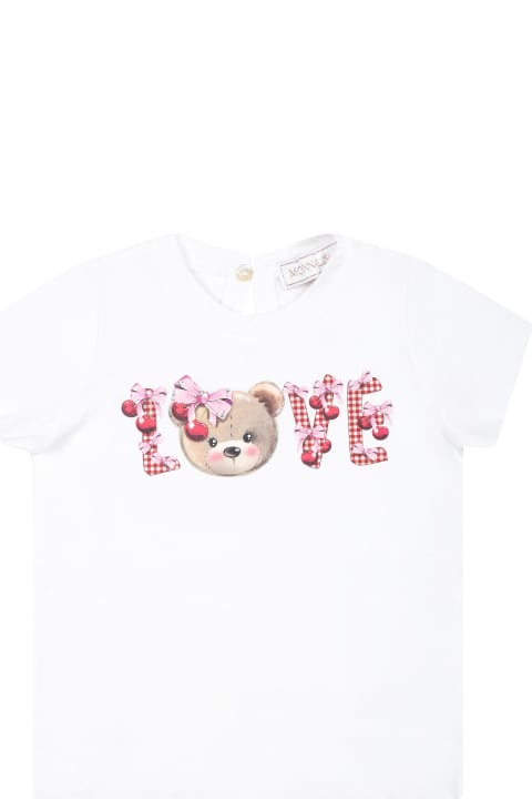 ベビーガールズ MonnalisaのTシャツ＆ポロシャツ Monnalisa White T-shirt For Baby Girl With Bear Print And Writing