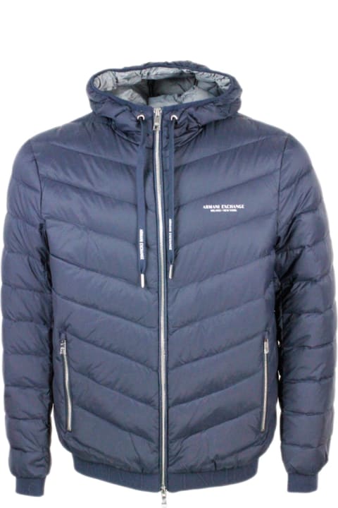 Light Down Jacket In Real Goose Down With Integrated Hood And Logoed Elastic At The Bottom