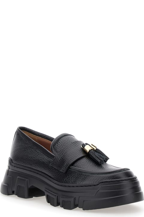 Pollini Shoes for Women Pollini Black Loafers With Tassel And Platform In Hammered Leather Woman