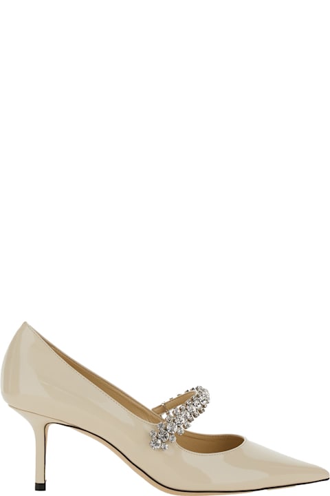Jimmy Choo 'bing' White Pumps With Crystal Embellishments And High Cone Heel In Patent Leather Blend Woman