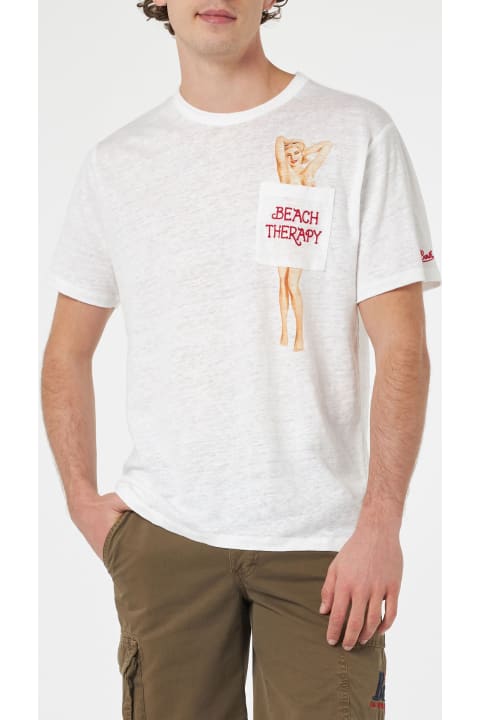 Homeware MC2 Saint Barth Man Linen Jersey T-shirt Ecstasea With Printed And Embroidered Pocket