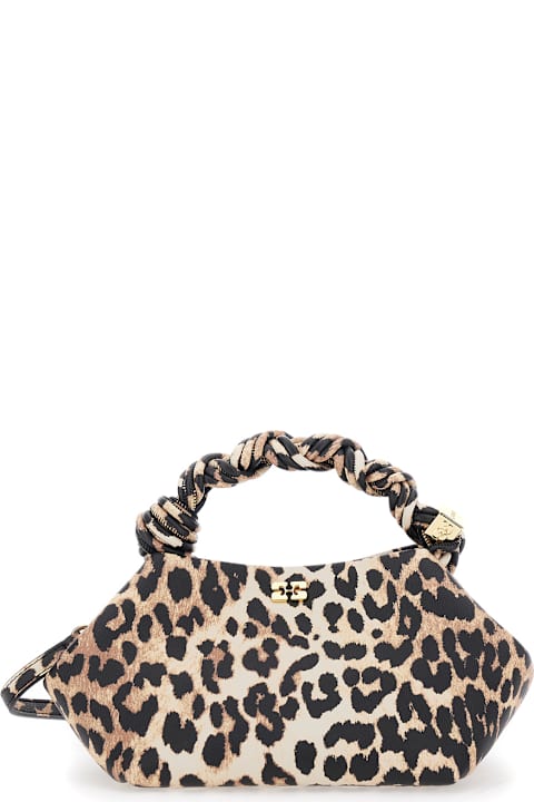 Ganni for Men Ganni 'bou' Brown Small Handbag With Braided Handle And All-over Leopard Motif In Fabric Woman