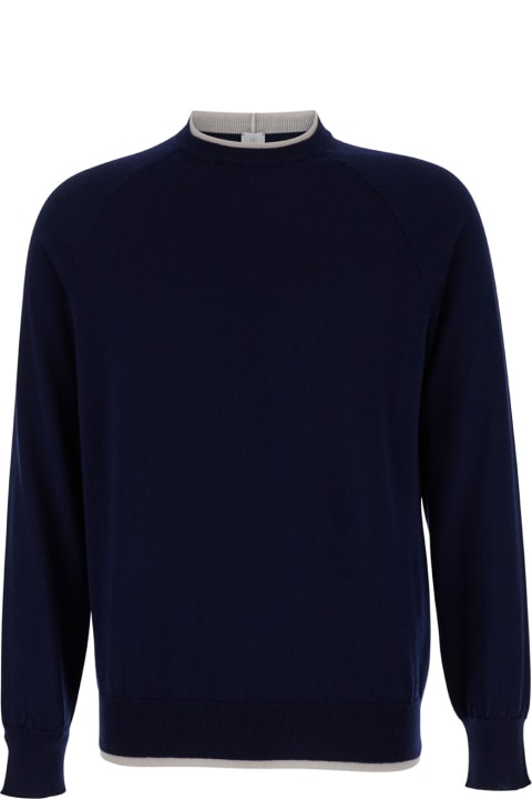 Eleventy Sweaters for Men Eleventy Blue Crewneck Sweater With Ribbed Trim In Wool Man