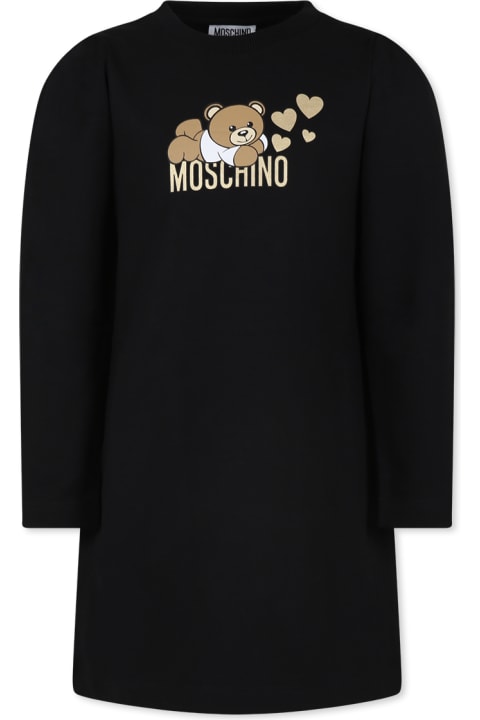 Dresses for Girls Moschino Black Dress For Girl With Lying Teddy Bear And Hearts