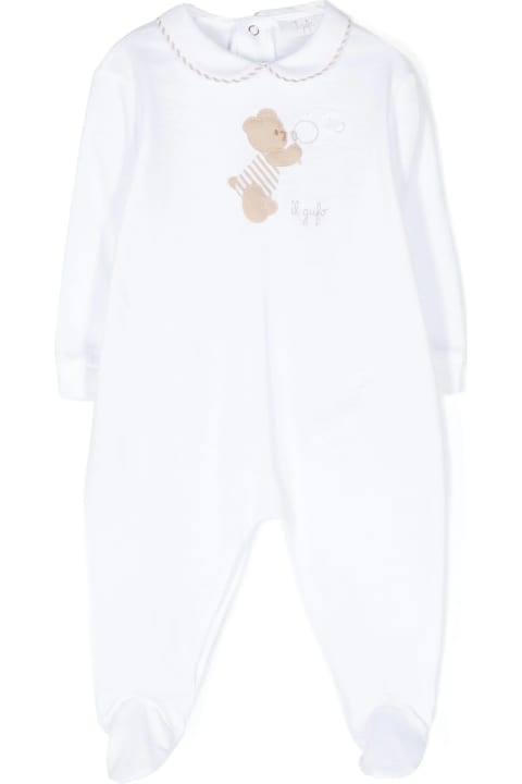 ベビーボーイズ トップス Il Gufo White Playsuit With Feet And Teddy-bear Embellishment