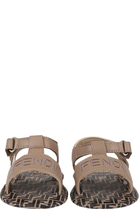 Brown Sandals For Baby Kids With Logo And Double Ff