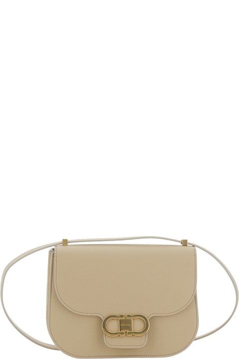 Ferragamo لـ Kids Ferragamo Beige Shoulder Bag With Metal Gancini Detail On The Front In Hammered Leather Woman