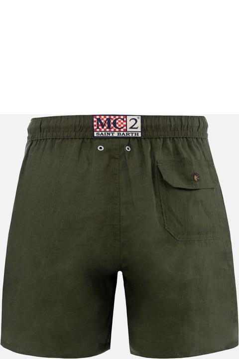 Homeware MC2 Saint Barth Man Mid-length Military Green Linen Swim-shorts Gustavia
