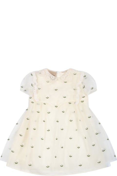 Ivory Dress For Baby Girl With  All-over Embroidered Flowers And Logo Gg