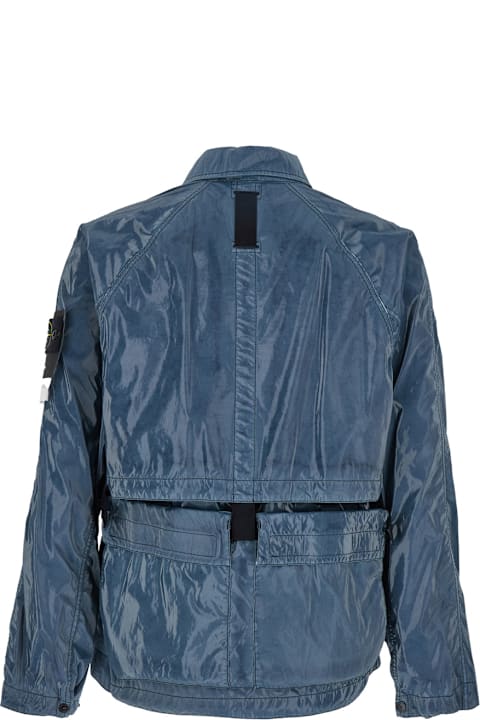 Coats & Jackets for Men Stone Island 'mussolo' Blue Jacket With Front Pockets And Compass Logo Patch On The Sleeve In Rubberized Fabric Man