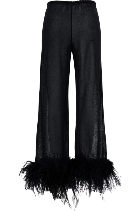 Oseree Women Oseree 'lumière Plumage' Black Pants With Feathers And Drawstring In Polyamide Blend Woman