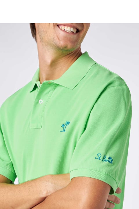 Homeware MC2 Saint Barth Man Fluo Green Piquet Polo With St. Barth Logo And Vintage Effect