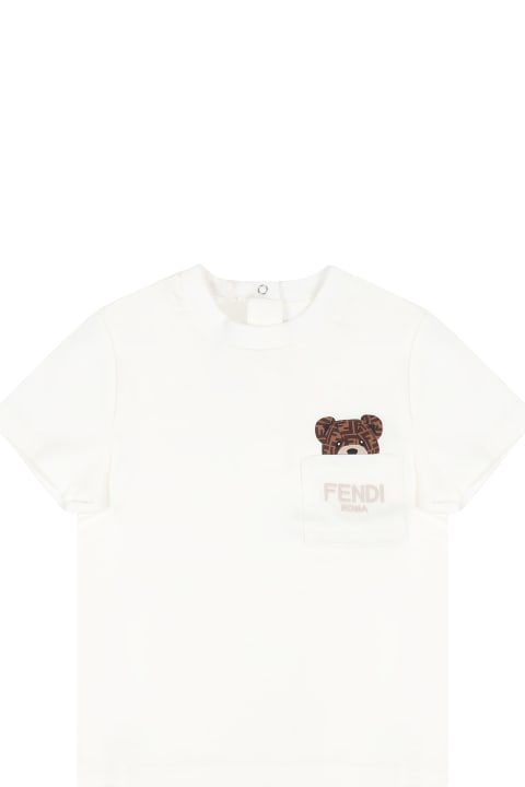 Fendi Topwear for Baby Girls Fendi White T-shirt For Babykids With Fendi Bear
