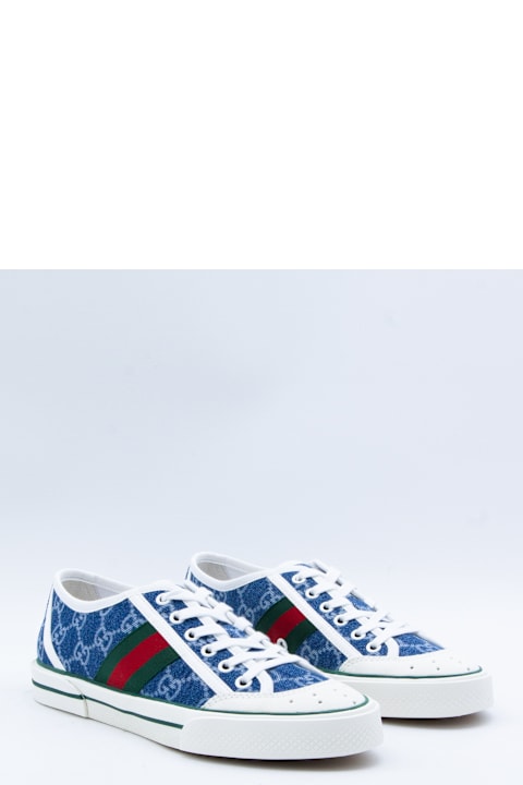 Gucci White And Blue Leather Sneakers