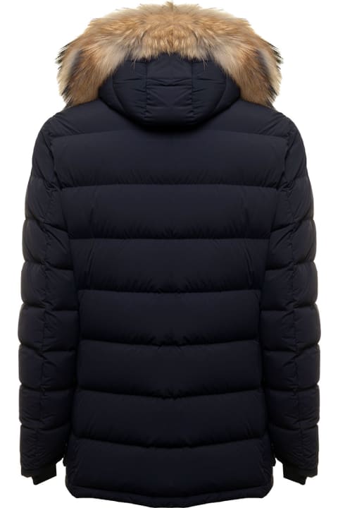 Blue Quilted Nylon Down Jacket With Fur Hood Kiton Man