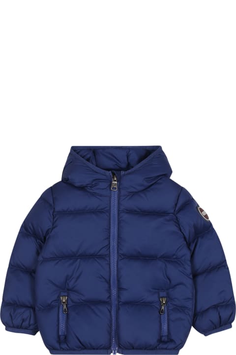 Blue Down Jacket For Baby Boy With Logo