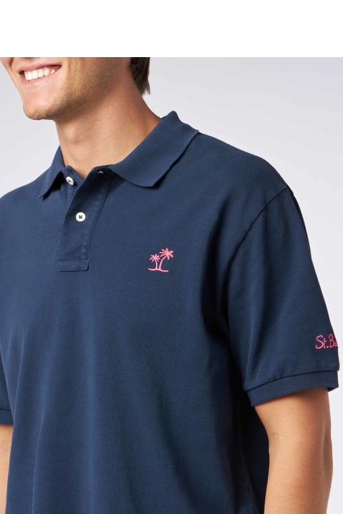 Homeware MC2 Saint Barth Man Blue Piquet Polo With St. Barth Logo And Vintage Effect