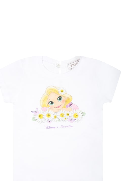 Topwear for Baby Boys Monnalisa White T-shirt For Baby Girl With Rapunzel Print And Logo