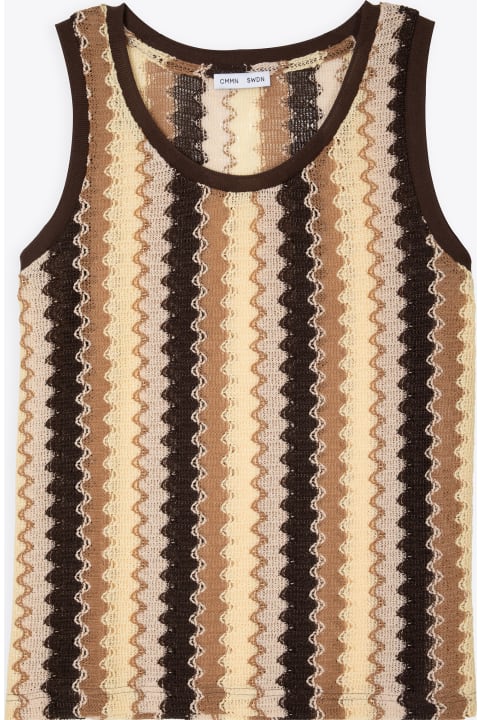 Lace Vest With Ribbed Neck And Armhole Multicolour striped Raschel knit vest - Tank