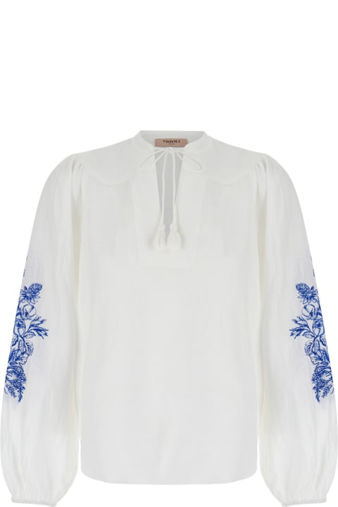 TwinSet for Women TwinSet White Blouse With Drawstring And Floreal Embroideries In Linen Woman