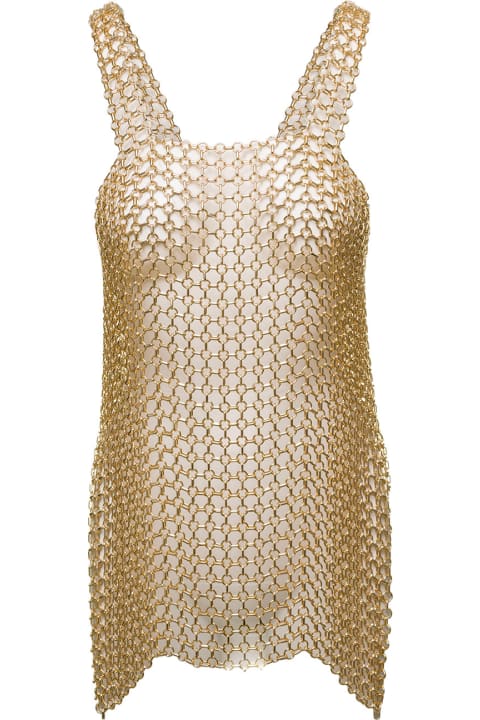 Gold-tone Mini Dress With Shoulders Straps And Side Splits In Metal Mesh Woman