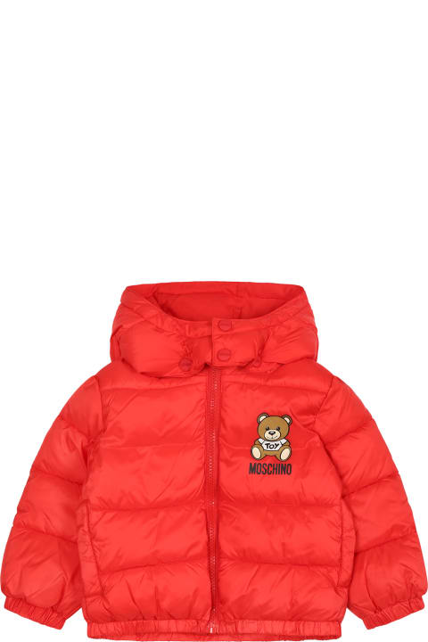 Moschino for Kids Moschino Red Down Jacket For Babykids With Teddy Bear And Logo