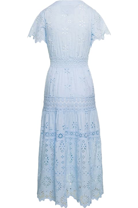 Embroidered V-neck Maxi Dress In Light-blue Cotton Woman