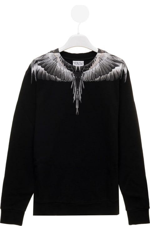 Black Blend Cotton Sweatshirt With Wings Print Boy Marcelo Burlon Kids