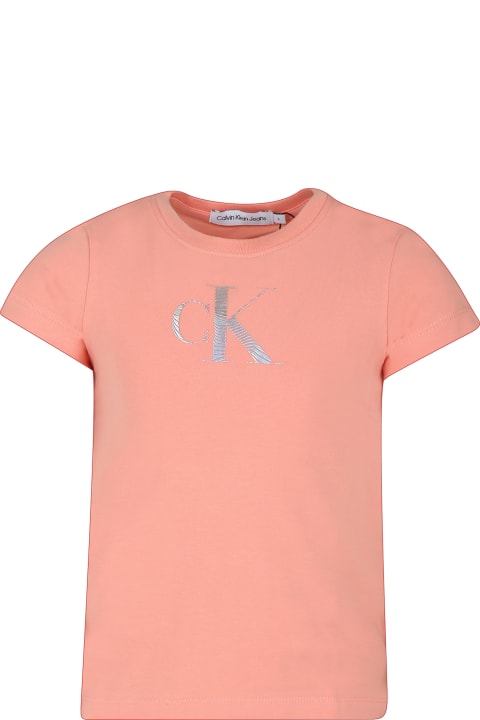 Calvin Klein قمصان بياقة دائرية وقمصان البولو لـ بنات Calvin Klein Pink T-shirt For Girl With Logo